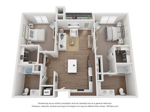Floor plan for 2 beds, 2 baths, 1052 sqft